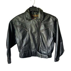 Vintage Suzies Black Leather Jacket M Cropped Style With Belted Waist & Zippered